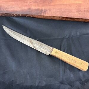 Old Hickory Tru-Edge Butcher Knife Carbon Steel Wood Handle Made in USA Vintage